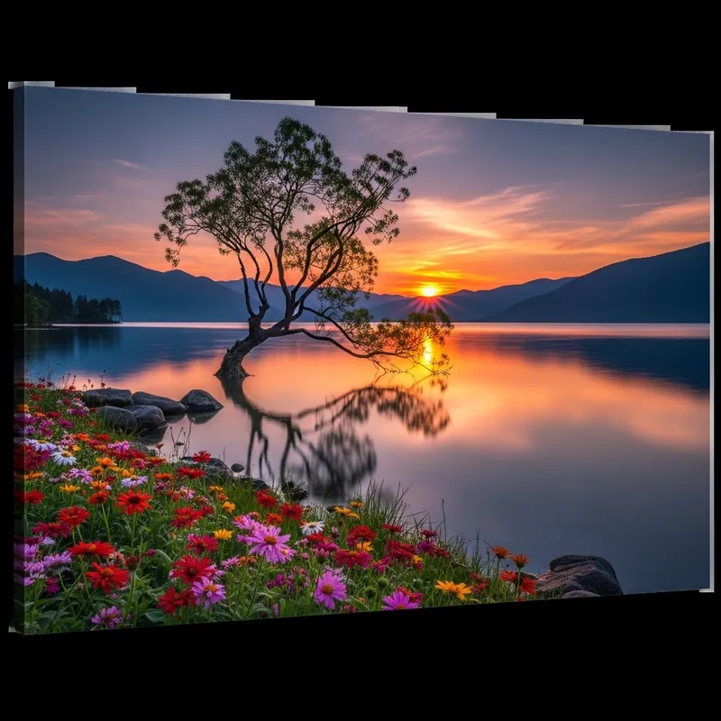 Captivating Sunset Landscape with Ancient Tree and Vibrant Flowers