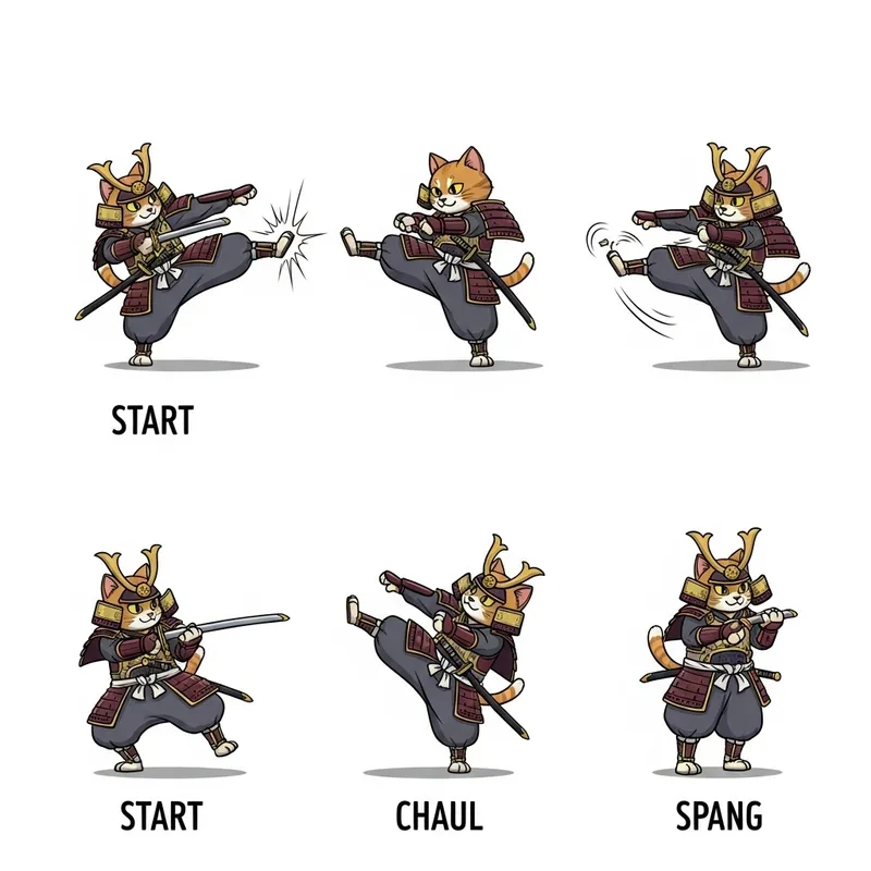 Manul Cat Samurai Kick: 7 Stages in Anime Motion