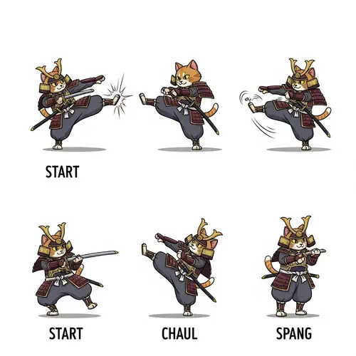 Animated Manul Samurai Kick: 7 Stages in Anime Style