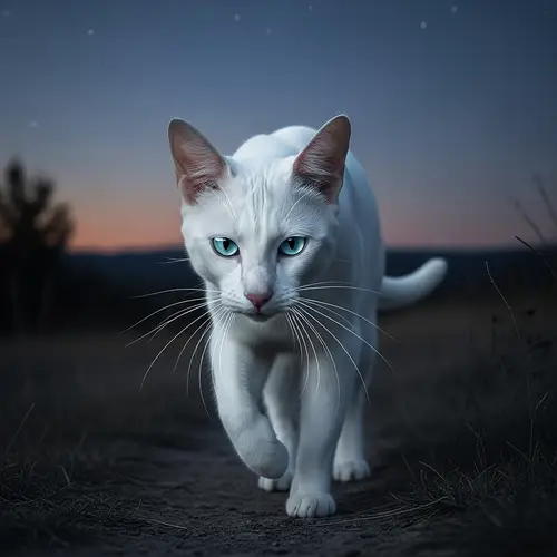 White Cat at Dusk: Sleek Fur, Piercing Blue Eyes | Website