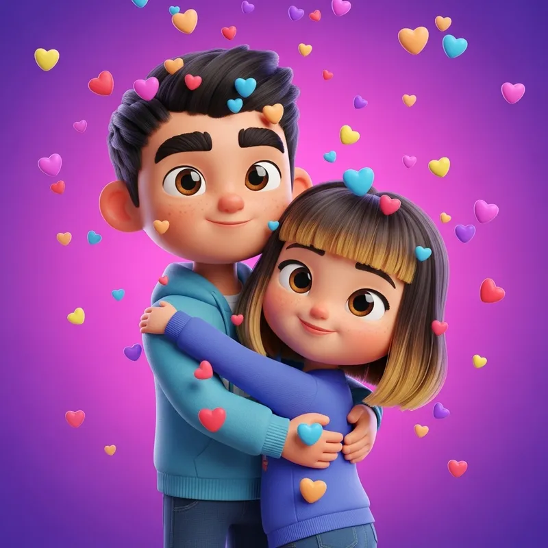 Whimsical Couple Embraced in a Shower of Colorful Hearts