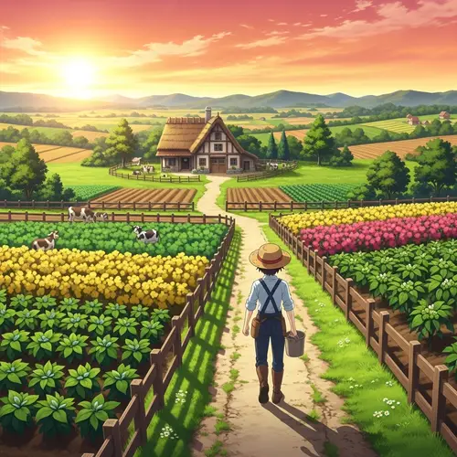 Tranquil Farm at Sunset: Anime-style depiction of cultivated fields