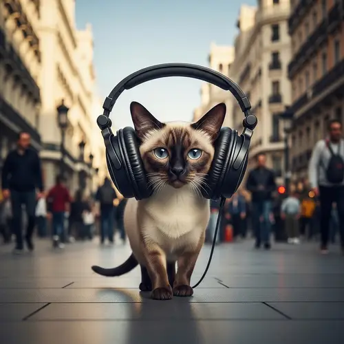 Goofy Siamese Cat's Melancholic Stroll in Madrid