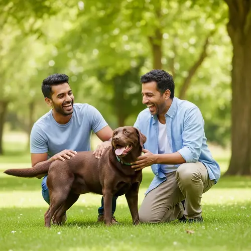 Joyful Men with Loyal Canine in Lush Park