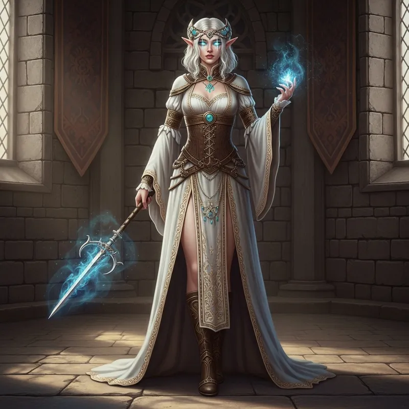 Enigmatic Semi-Elf Sorceress in Delicate Medieval Attire