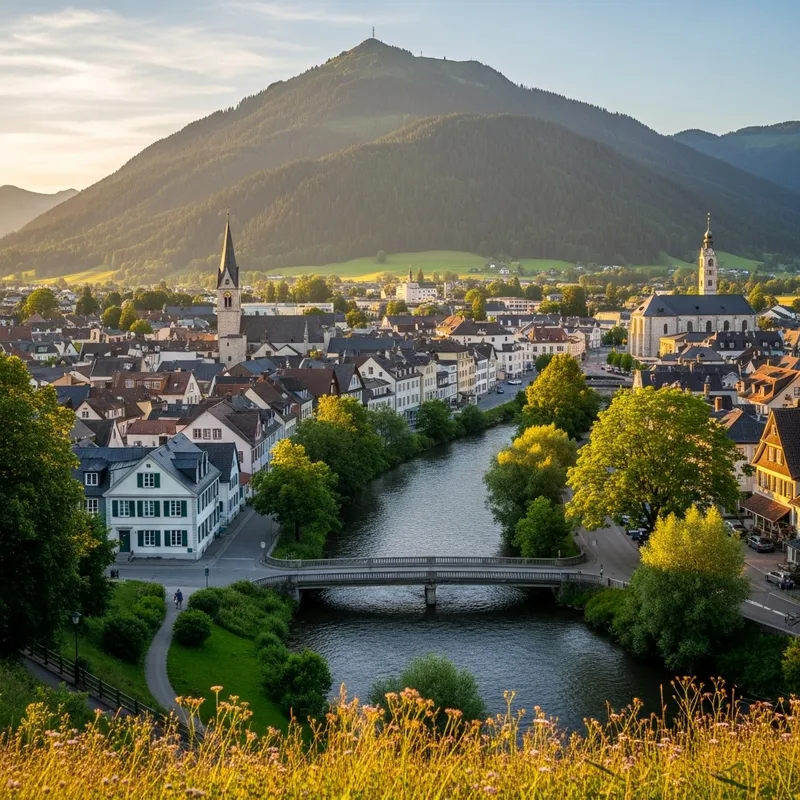 Scenic Town with Greenery, Water, and Mountain Views