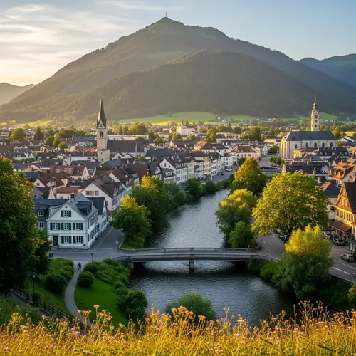 Charming Townscape with Greenery, Water, and Mountain Views