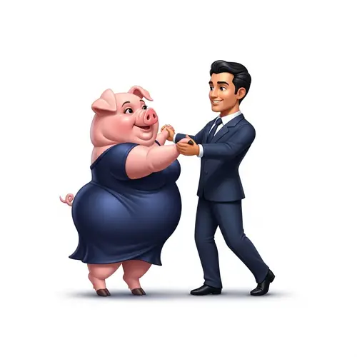 Whimsical Anthropomorphic Pig Dancing with Hispanic Man
