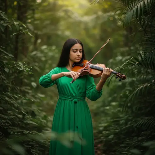 Young Middle-Eastern Girl Playing Violin in Lush Jungle