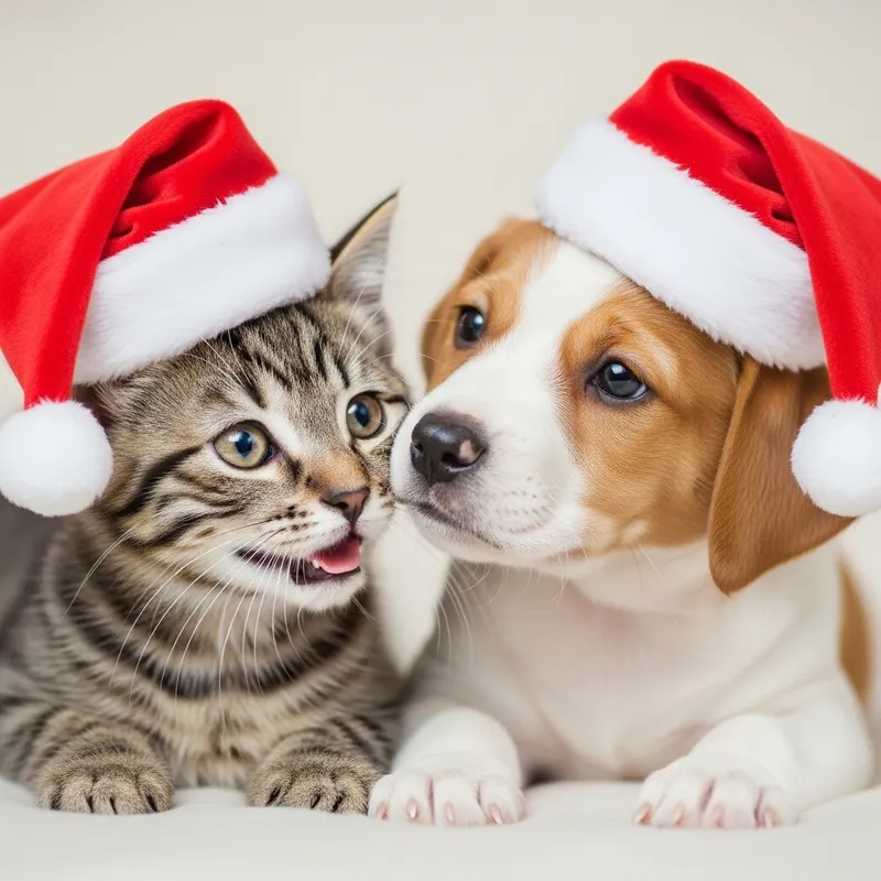 Cute Kitten and Puppy in Festive Hats | Holiday Photo Studio