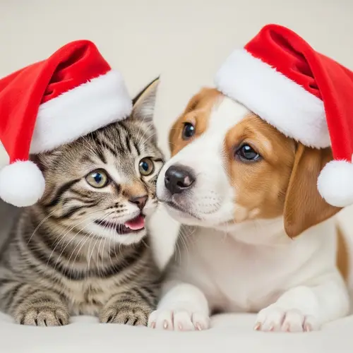 Adorable Kitten and Puppy Wearing Christmas Hats | Warm Holiday Scene