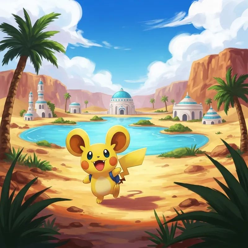 Mischievous Pikachu in Yellow Desert Oasis | Dynamic Brushstrokes