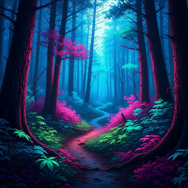 Mystical Neon Forest with Hidden Paths