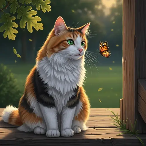 Medium-Length Fur Cat with Vibrant Orange, White, and Black Coat