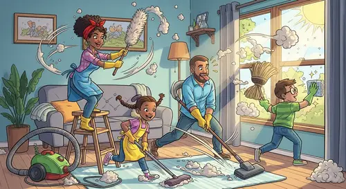 Spring Cleaning Family Cartoon | Cheerful Housekeeping