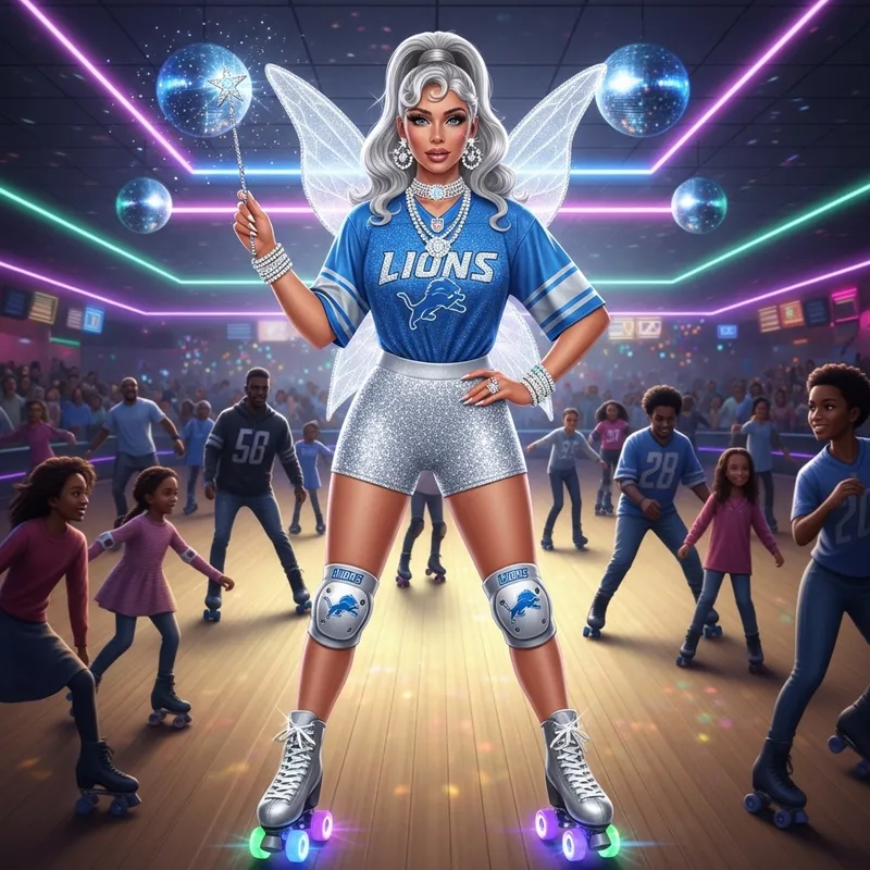 Hyper Realistic Fairy Godmother on Skates in Detroit Lions Outfit