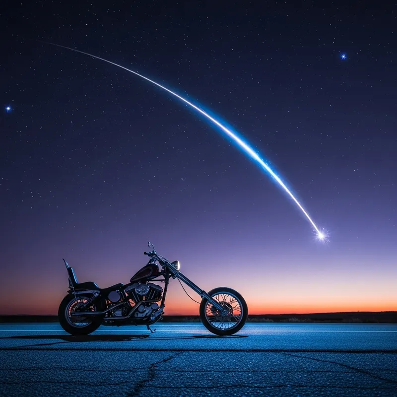 Motorcycle Silhouette in Night Sky with Shooting Star