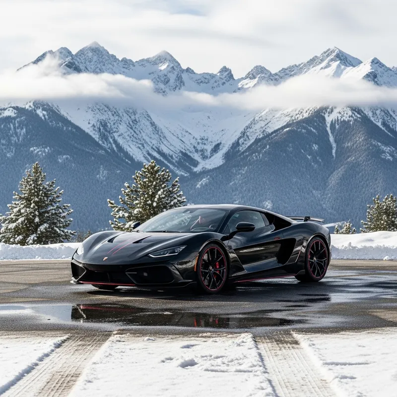 Sleek Black Sports Car on Snowy Mountain Backdrop