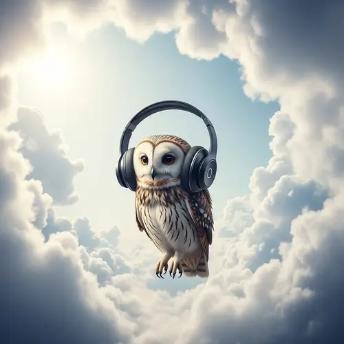 Funky Owl Soaring Through Clouds with Stylish Headphones