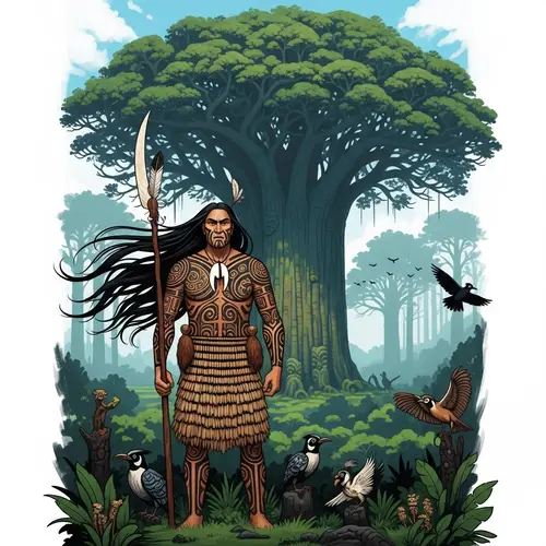 Tane Mahuta: Maori God of Forests and Birds in a Lush Setting