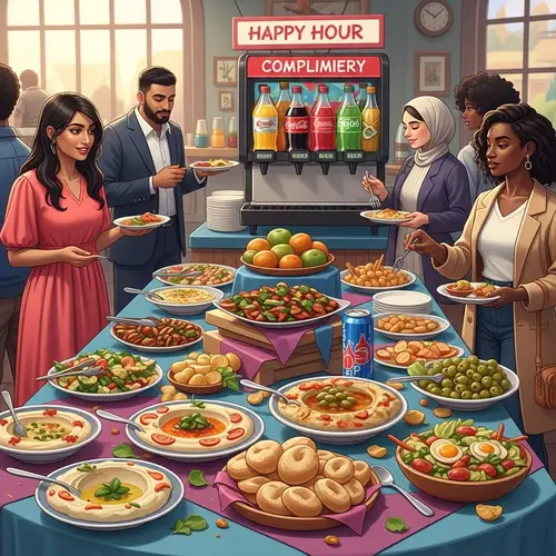 Mediterranean Buffet Happy Hour: Lively Scene with Diverse Flavors