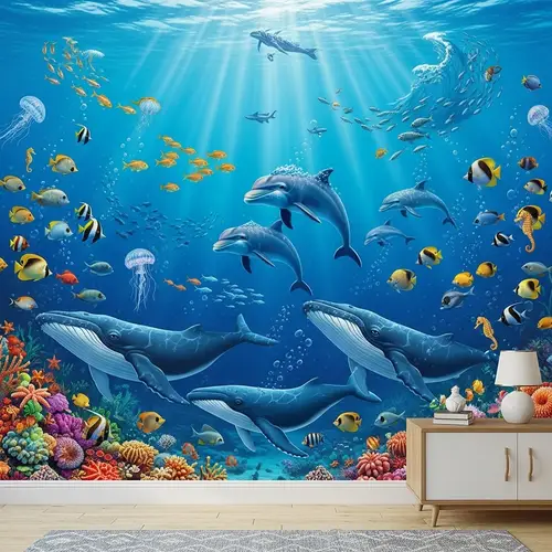 Ocean-themed Wallpaper with Diverse Sea Creatures