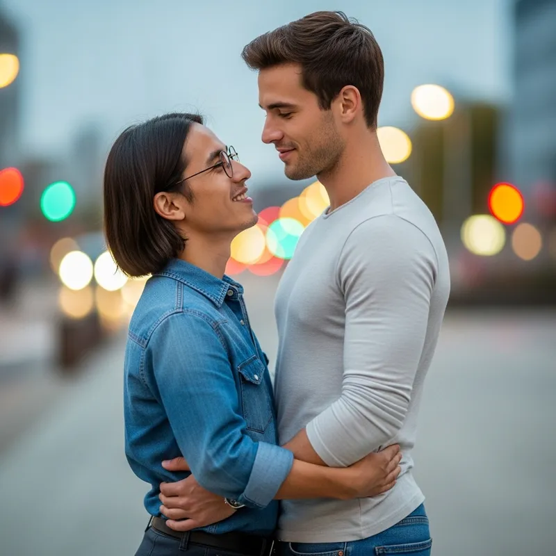 Affectionate Gay Couple: Hispanic Man & Taller Caucasian Partner