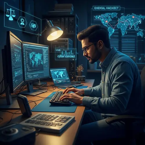 Ethical Hacker in Action: Cybersecurity Expert Working in Dimly Lit Room