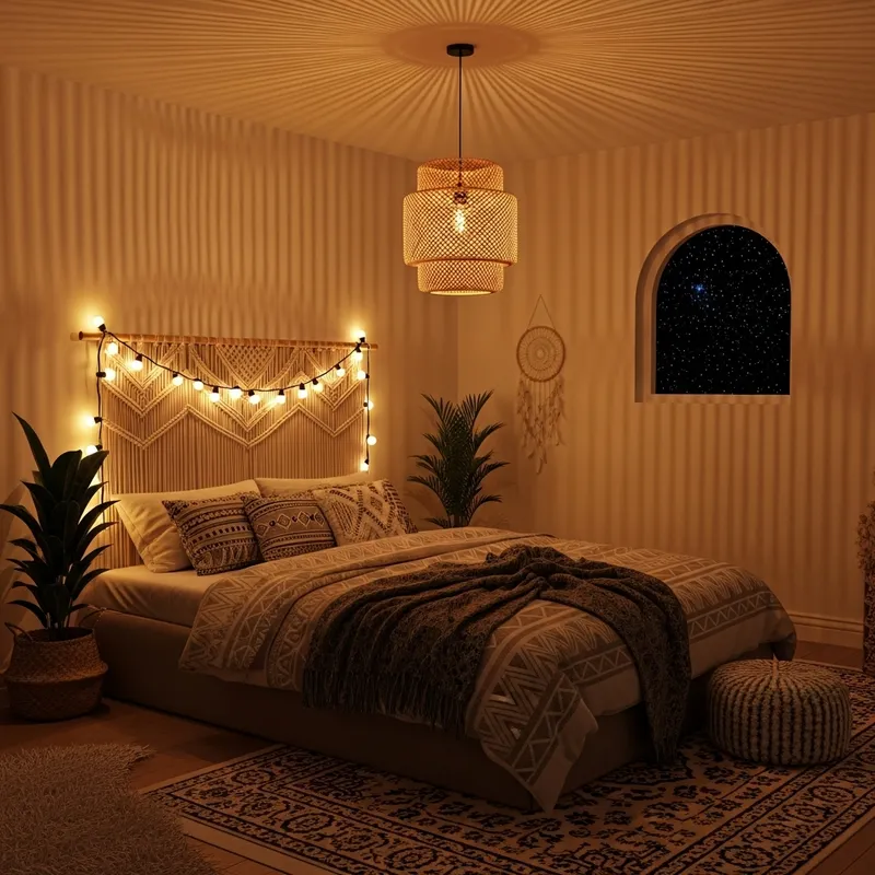 Warm Bohemian Style Bedroom with Double Bed and Serene Starlit Night Ambiance