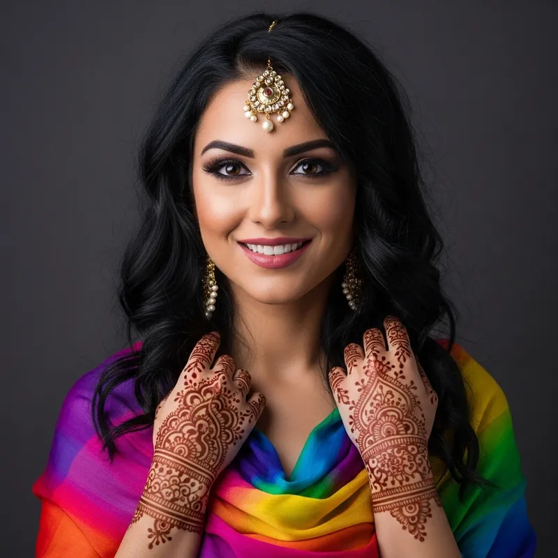 Beautiful South Asian Girl with Dark Wavy Hair and Henna Hands