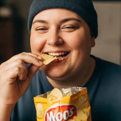 Joyful Overweight Person Eating Potato Chips