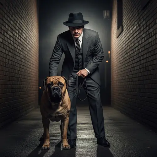 Italian Gangster Style Man with Mastiff in Dark Alleyway