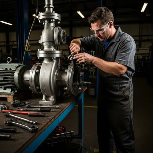 Professional Caucasian Male Mechanic Working on Pump System in Industrial Setting