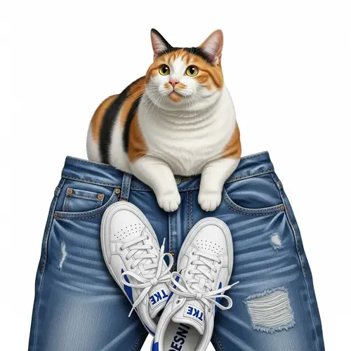 Chubby Calico Cat on Faded Denim Jeans and Sneakers