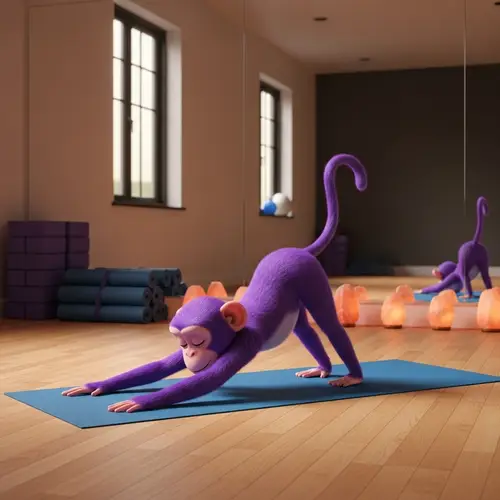 Animated Purple Monkey Yoga in Well-lit Studio