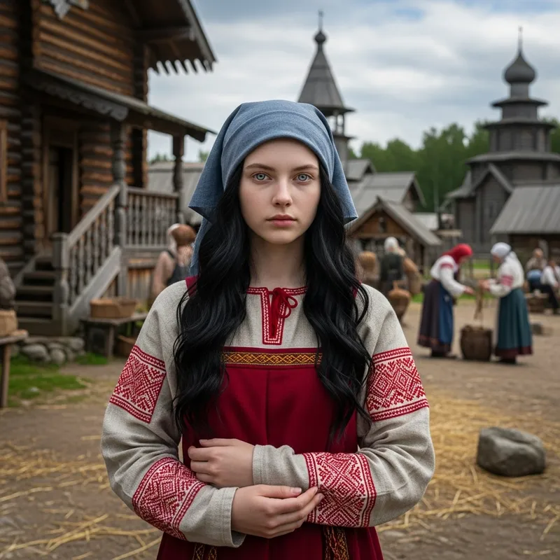 14-Year-Old Girl with Black Wavy Hair and Pale Blue Eyes in Ancient Russian Setting