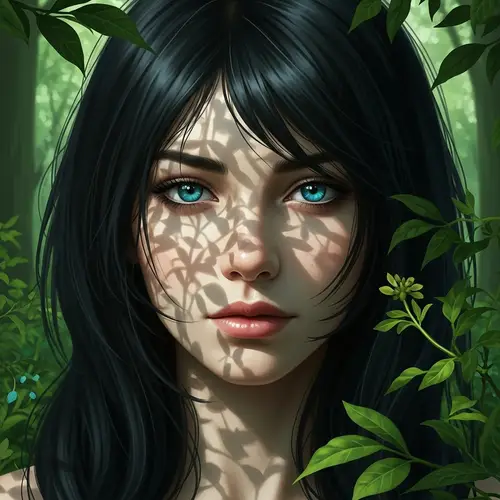 Tranquil Forest Cinematic Style Image with Striking Blue-Eyed Girl