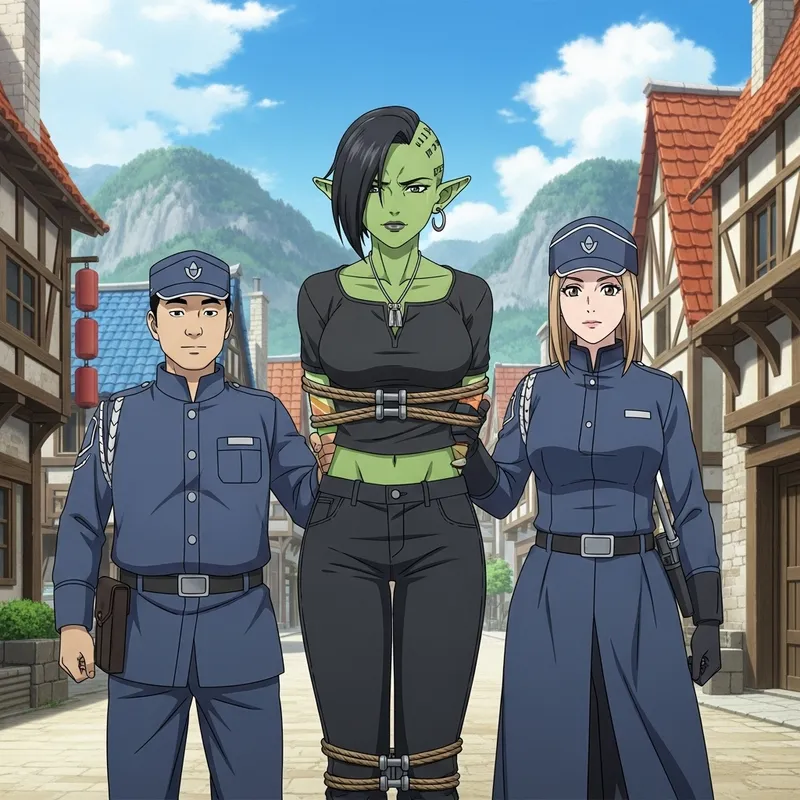 Anime Half-Orc Arrest Scene Illustration Anime Half-Orc Arrest Scene Illustration