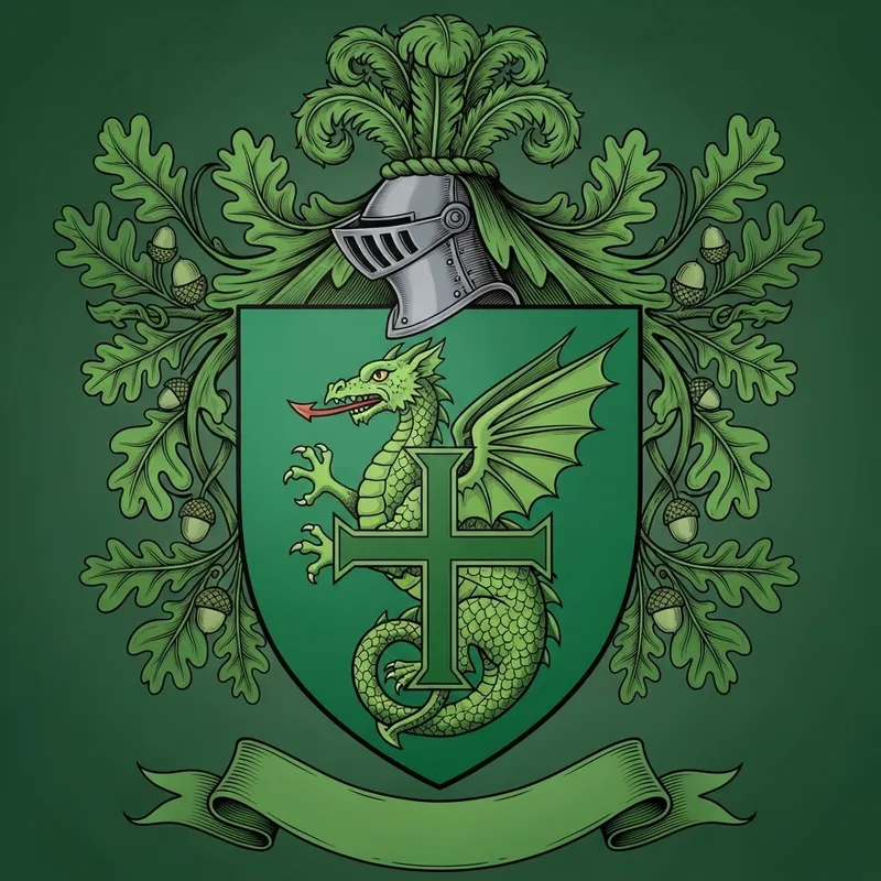 Drawing Style Green Coat of Arms with Friendly Dragon