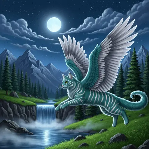 Majestic Teal Cat with Wings in Enchanting Forest Scene