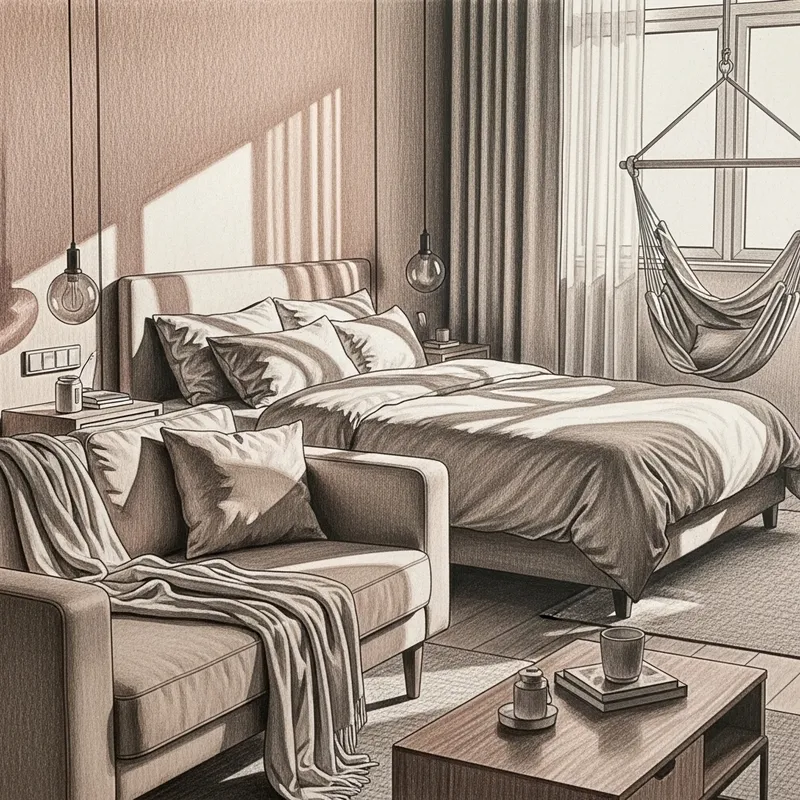 Cozy Bedroom Sketch: Warm Earth Tones, Soft Lighting, Relaxing Poses Cozy Bedroom Sketch: Warm Earth Tones, Soft Lighting, Relaxing Poses