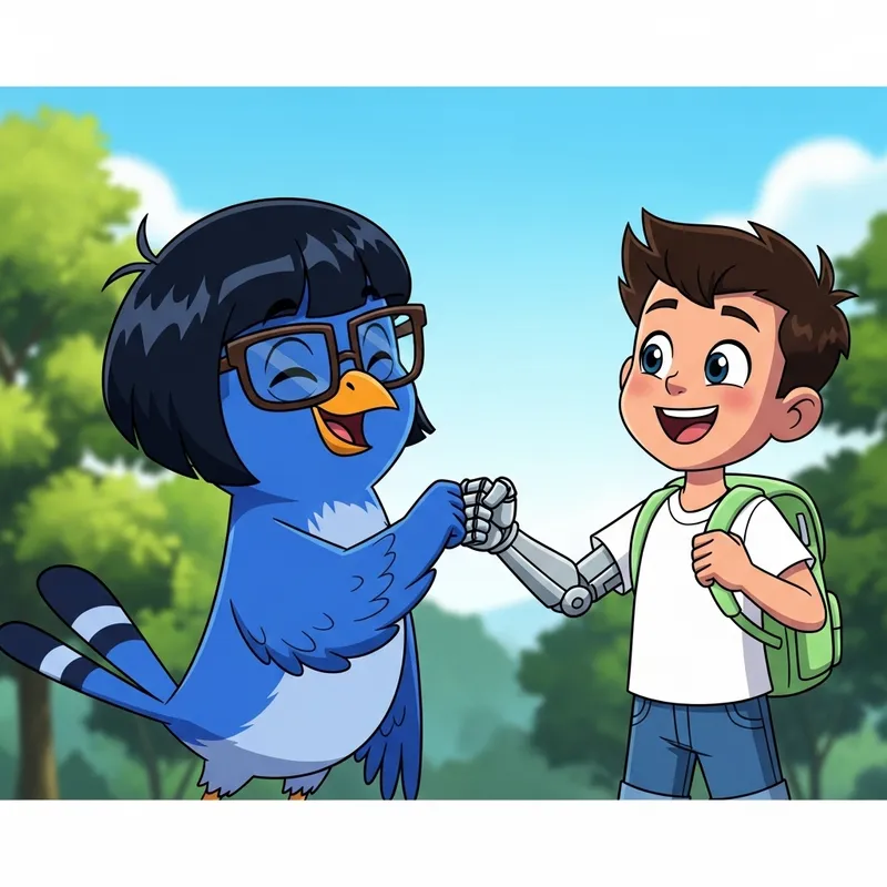 Animated Bird and Robot-Armed Boy Fist-Bumping Joyously