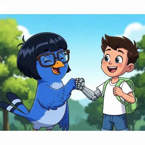 Animated Bird Fist-Bumping Human Boy with Robotic Arm