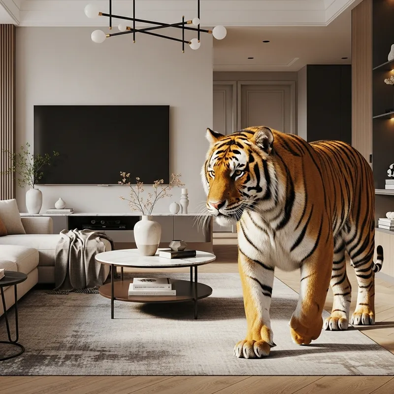 Friendly Tiger in Modern Living Room | Unique Home Encounter