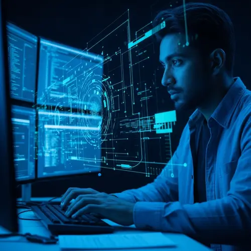 Intense South Asian Male Hacker Programming in Dark Room with High-Tech Equipment