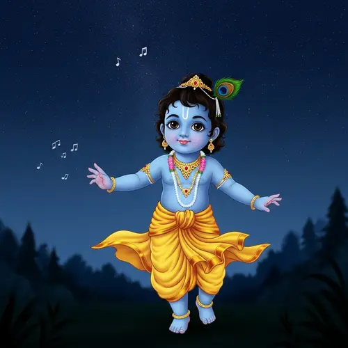 Child Krishna Playing Under Starlit Night Sky
