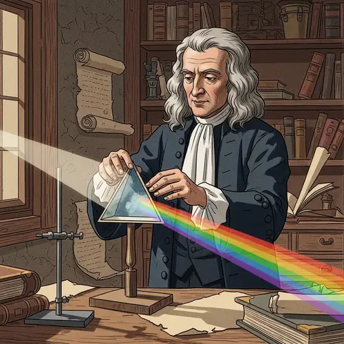 Isaac Newton Experimenting with Triangular Prism in Study Room