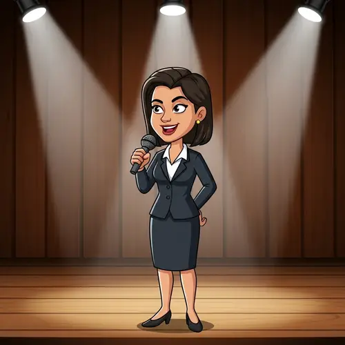 Hispanic Female Principal Speaks on Wooden Stage with Microphone