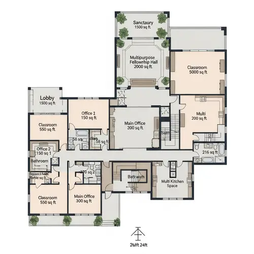 Church Floor Plan Design for 80x150 Prefab Steel Building