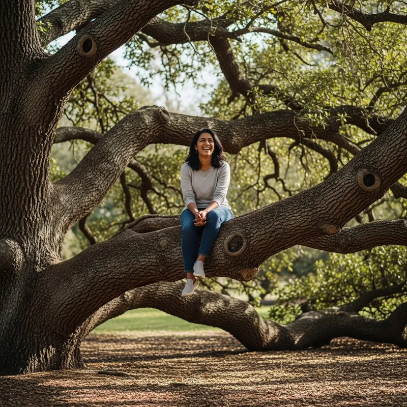 Blissful South Asian Woman Enjoying Serene Afternoon on Tree Branch